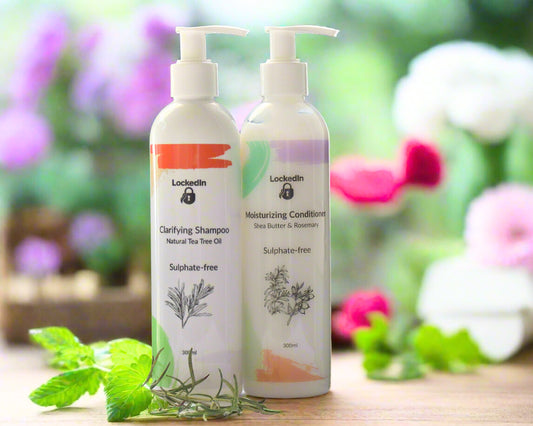 Two bottles of Lockedin shampoo and conditioner with natural elements on a blurred floral background
