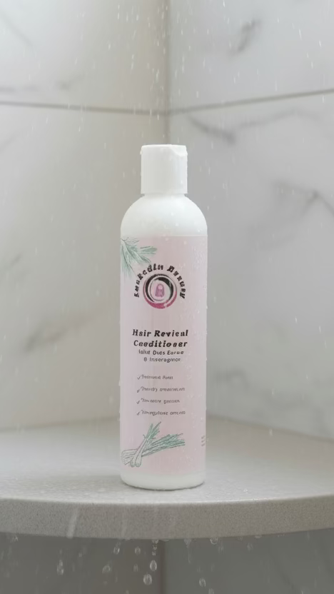 White bottle of conditioner on a black cylindrical object with a gray background