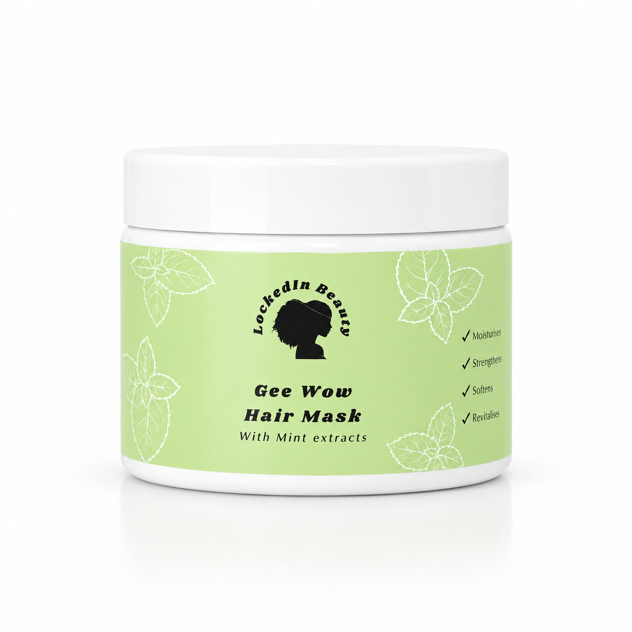 Gee Wow hair mask in a white jar with a white lid, green lable and black writing on the lable.