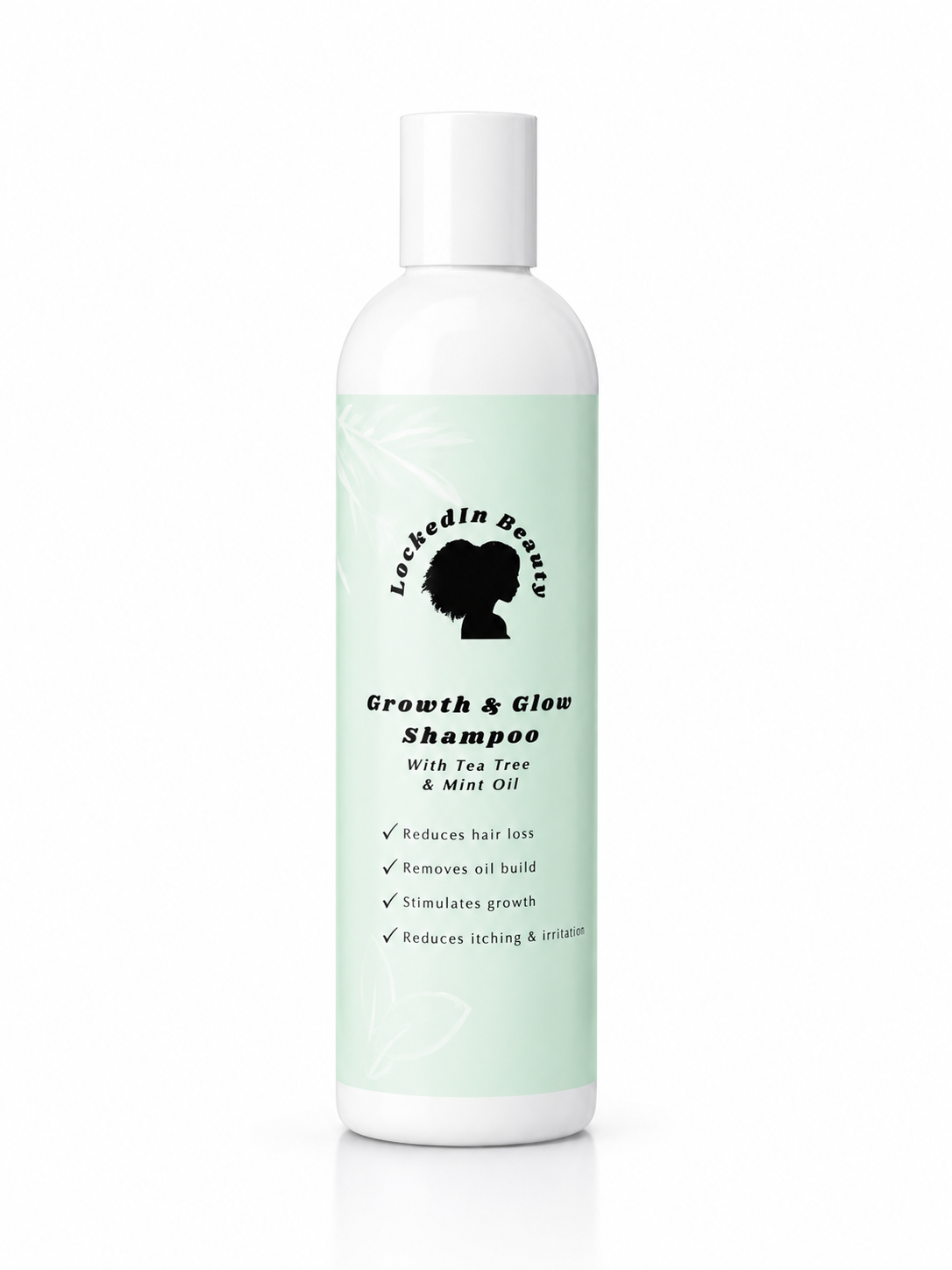 White bottle of shampoo with white top and green lable with black writing