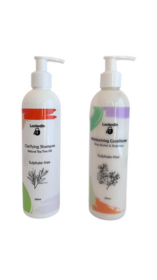 Two bottles of Lockedin shampoo and conditioner on a white background