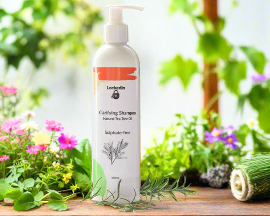 Clarifying shampoo bottle with natural tea tree oil on a wooden surface with greenery