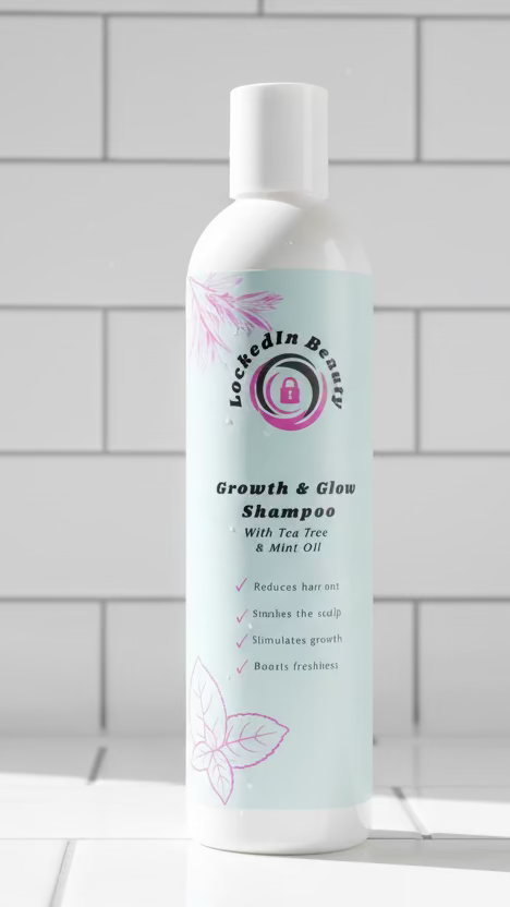 Bottle of shampoo on a black cylindrical object against a beige wall.