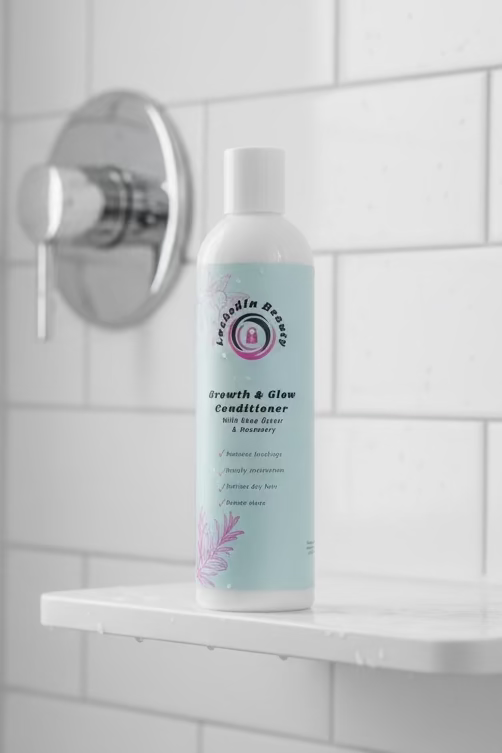 Bottle of 'Nurture & Grow' conditioner on a black stool against a beige wall.