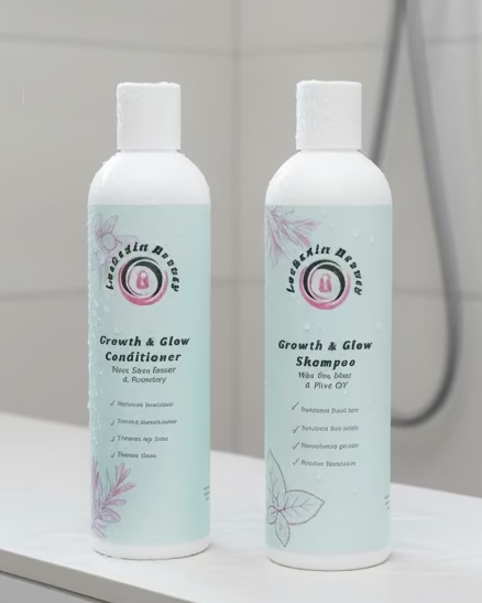 2 bottles of shampoo & conditioner with a white cap
