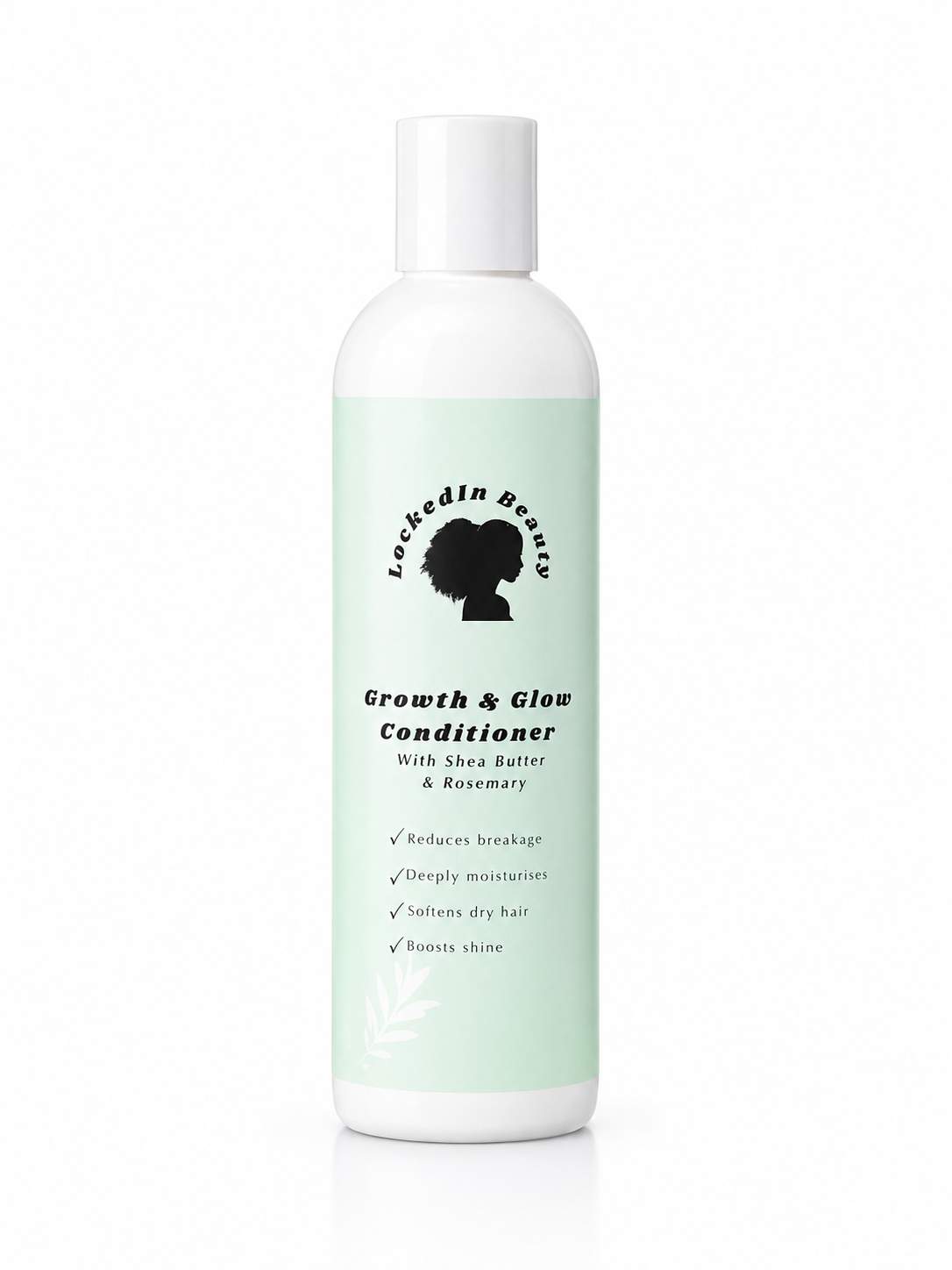 Conditioner bottle with white lid, mint lable with black writing