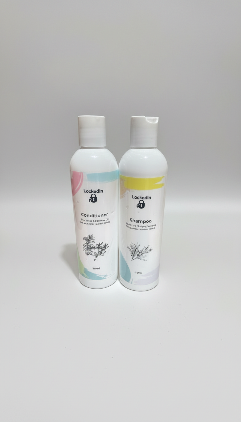 Shampoo & Conditioner in white bottles with white caps