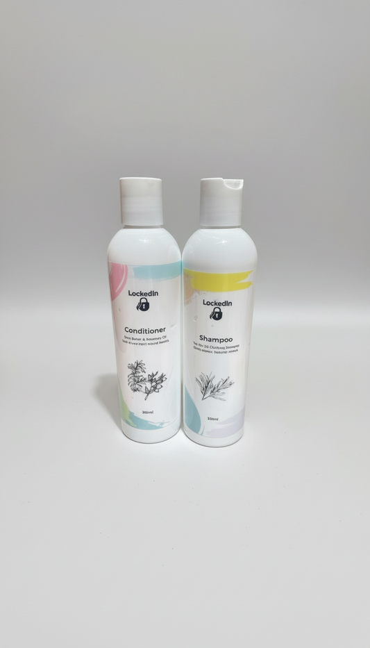 Shampoo & Conditioner in white bottles with white caps