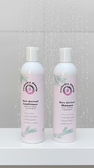 Two bottles of hair revival shampoo and conditioner on a black cylindrical block against a gray wall.